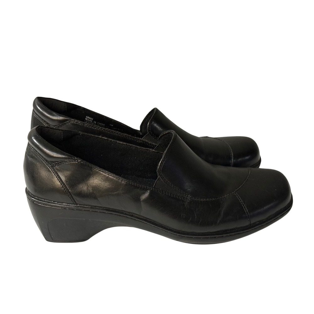 Clarks Womens Black Leather Slip On Loafers Low Block Heel Square Toe 9M 88802
